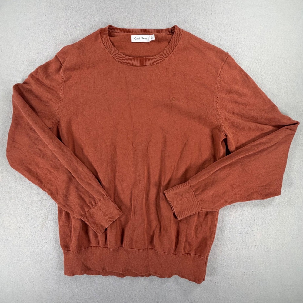Calvin Klein Men's Medium Rust Brown Cotton Crewneck Sweater Pullover Minimalist